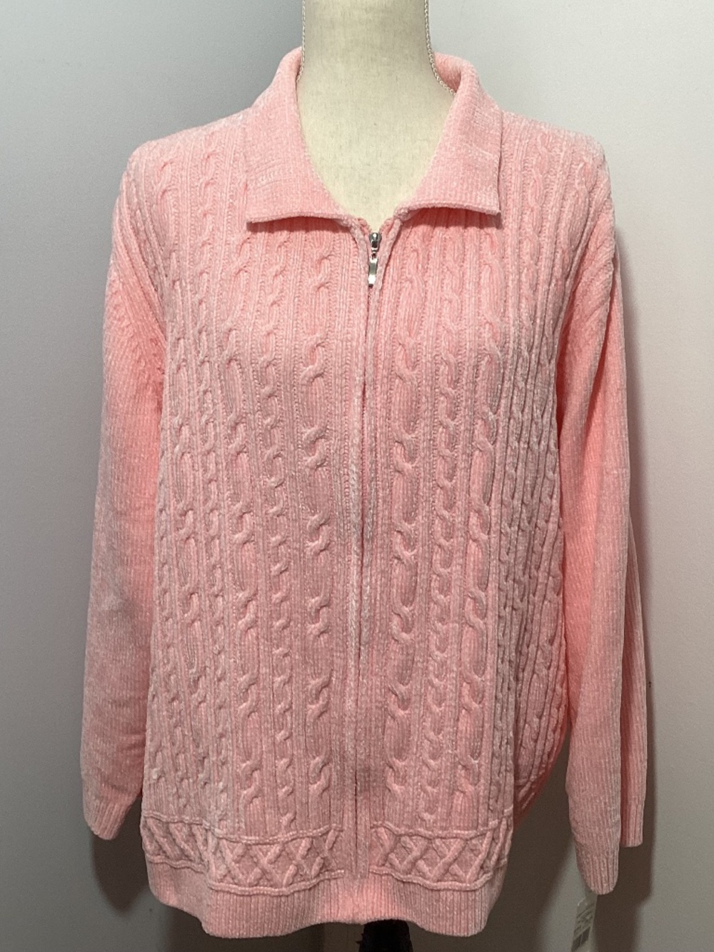 NWT ALFRED DUNNER 3X FALL CLASSICS PINK CHENILLE ZIP FRONT SWEATER CABLE KNIT